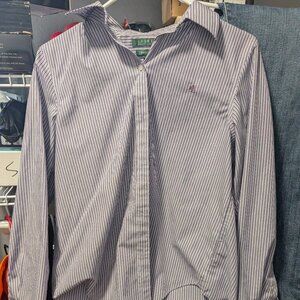 Vintage Lauren Ralph Lauren Shirt Women M Purple White Stripe Button Up Non-Iron